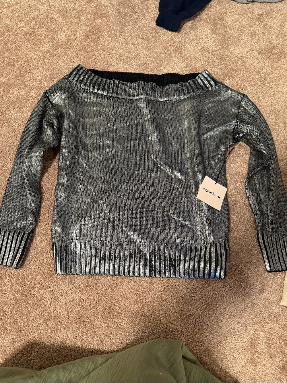 superdown Silver Metallic Off-the-Shoulder Sweater